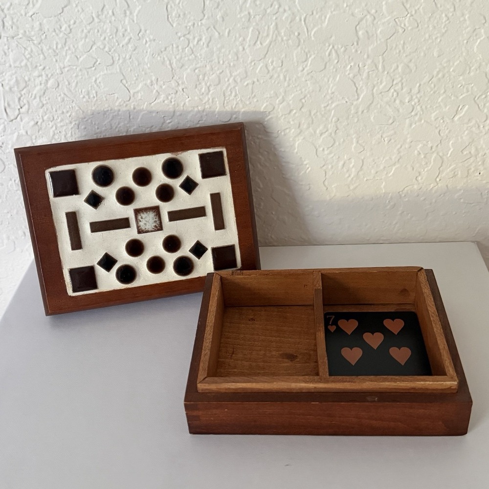 Vtg Wood Box Trinket Handmade Rustic Decor Jewelry Storage Playing Card Holder